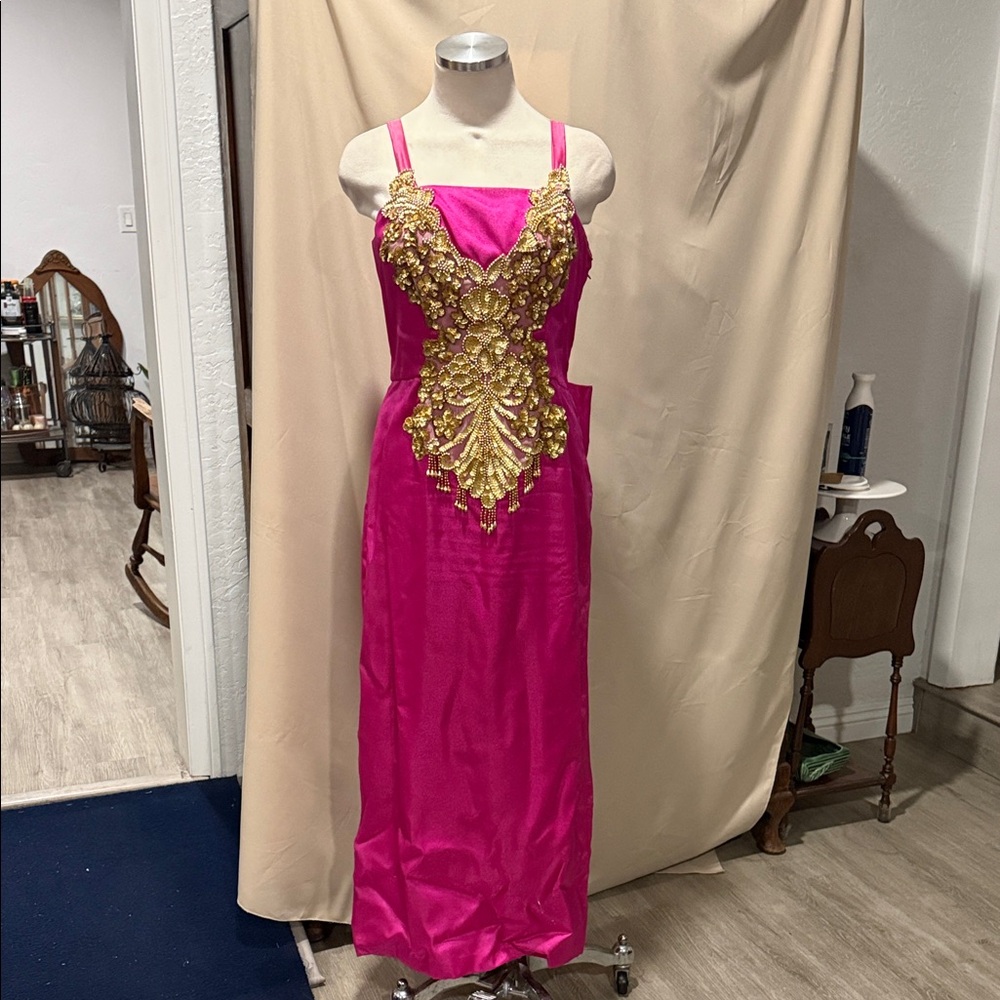 Pink Evening Gown with Gold Embellished Appliqué
